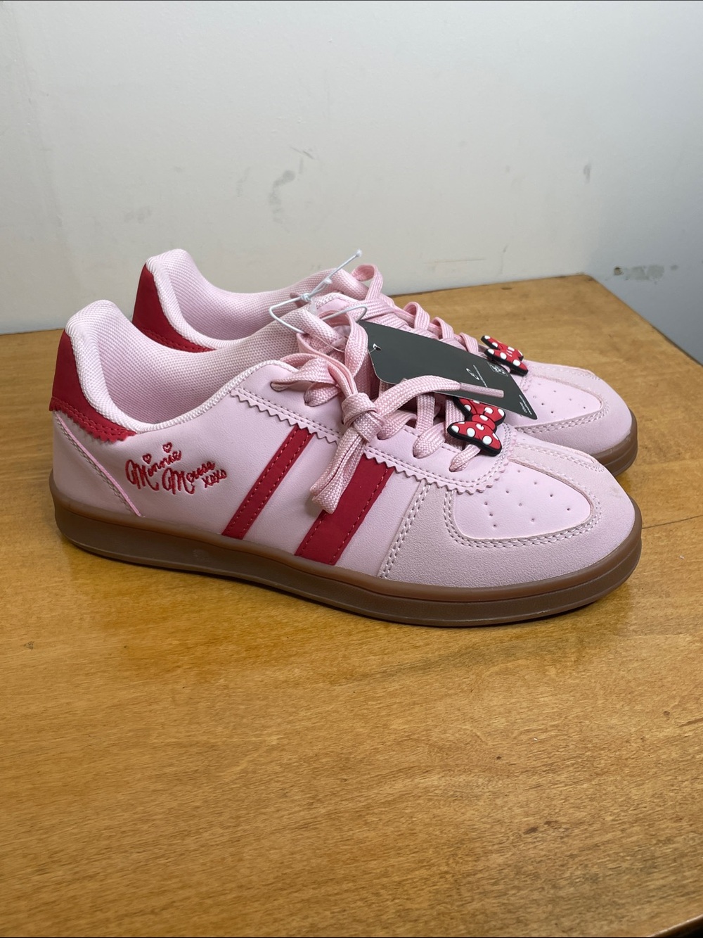 Disney Pink Sneakers with Red Accents and Minnie Bow Charm. Size 7
